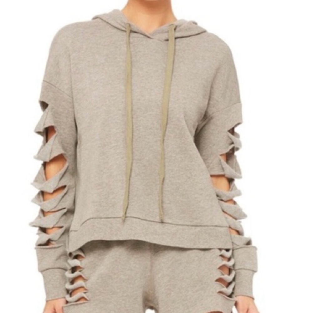 Alo Cutout Sleeve Hoodie Gravel Heather Tan Beige Sweatshirt Pullover